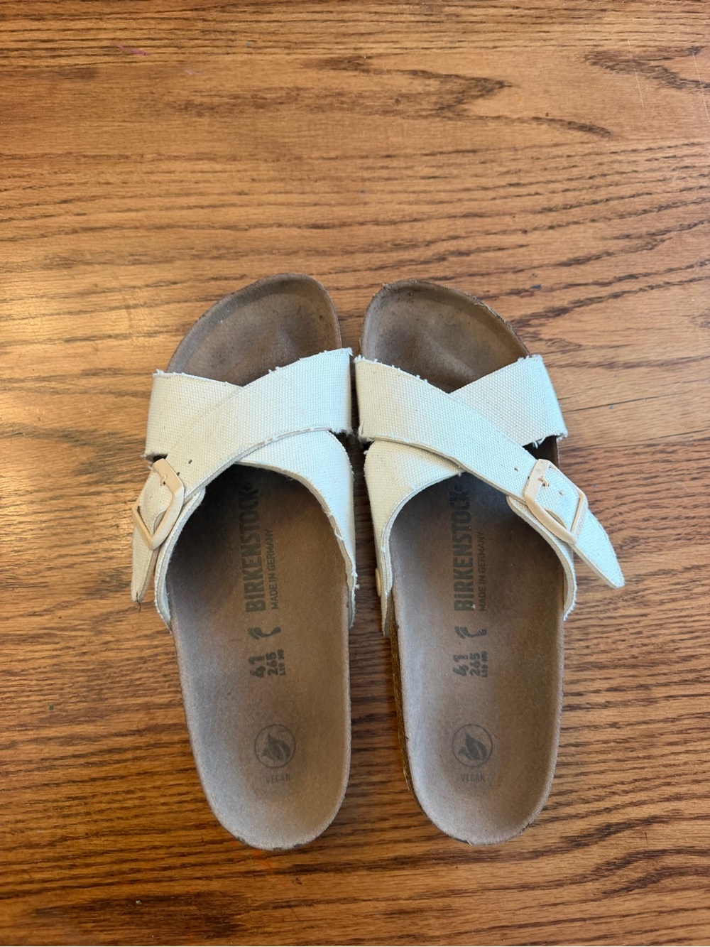 Birkenstock tan Crisscross Canvas Slide Sandals